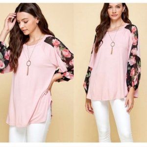 Pink Top with Floral Chiffon Sleeves✨️